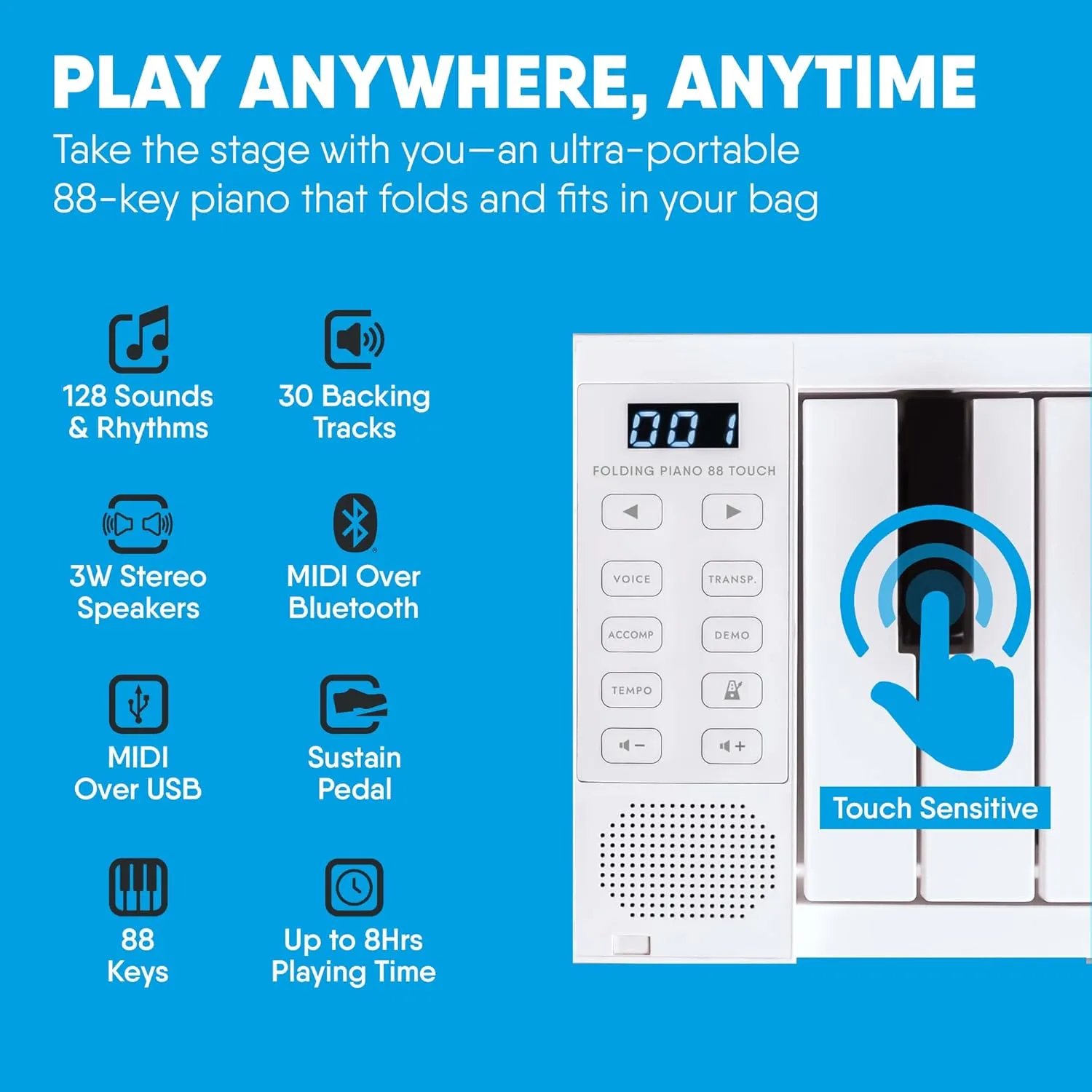 Carry-on Folding Piano 88 Touch - Ultra-Portable and Full-Sized with 128 Voices, USB & Bluetooth MIDI Connectivity - Travel Piano Keyboard Perfect for Practice, Travel, and Performances - White