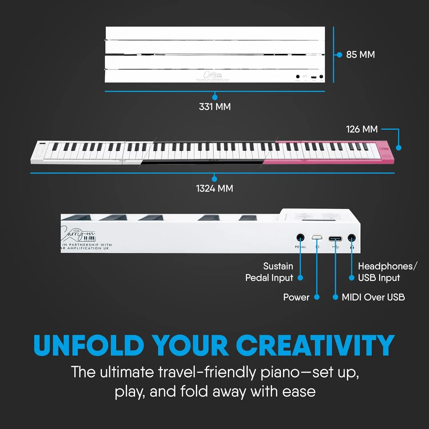 Carry-on Folding Piano 88 Touch - Ultra-Portable and Full-Sized with 128 Voices, USB & Bluetooth MIDI Connectivity - Travel Piano Keyboard Perfect for Practice, Travel, and Performances - White