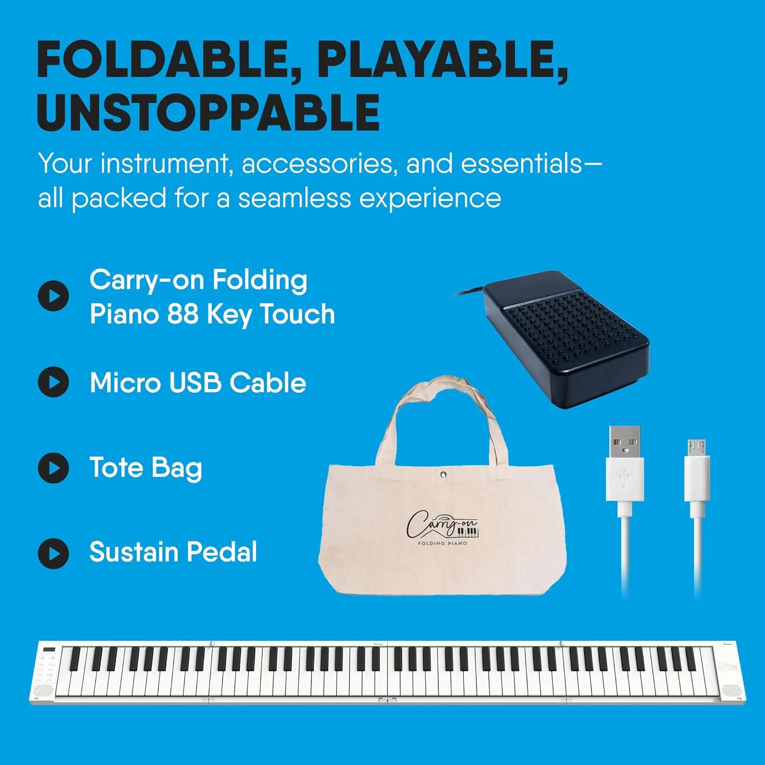 Carry-on Folding Piano 88 Touch - Ultra-Portable and Full-Sized with 128 Voices, USB & Bluetooth MIDI Connectivity - Travel Piano Keyboard Perfect for Practice, Travel, and Performances - White