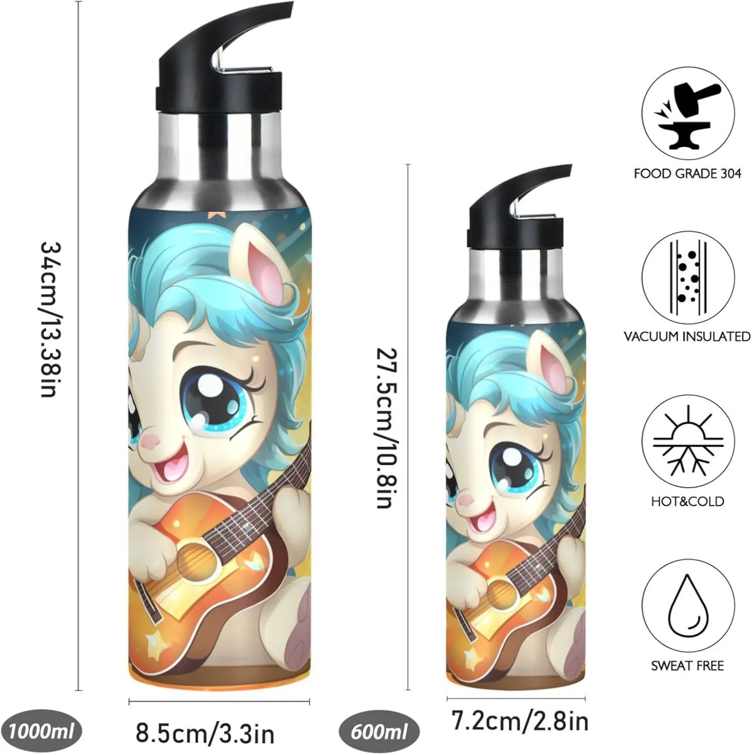 Cartoon Happy Unicorn Sport Water Bottle Insulated Stainless Steel Large Vacuum Flask Leak Proof Thermos with Straw for Travel(600ml/1000ml)