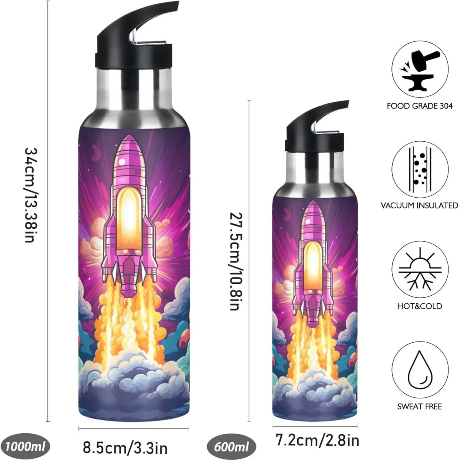 Cartoon Space Art Fired Rocket Sport Water Bottle Insulated Stainless Steel Large Vacuum Flask Leak Proof Thermos with Straw for Travel(600ml/1000ml)