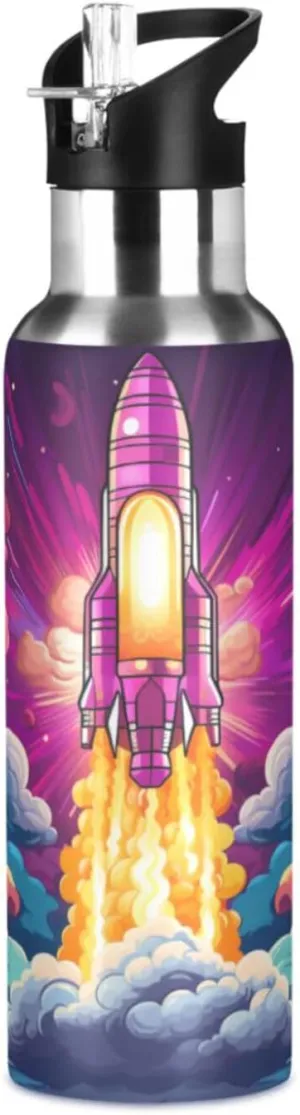 Cartoon Space Art Fired Rocket Sport Water Bottle Insulated Stainless Steel Large Vacuum Flask Leak Proof Thermos with Straw for Travel(600ml/1000ml)