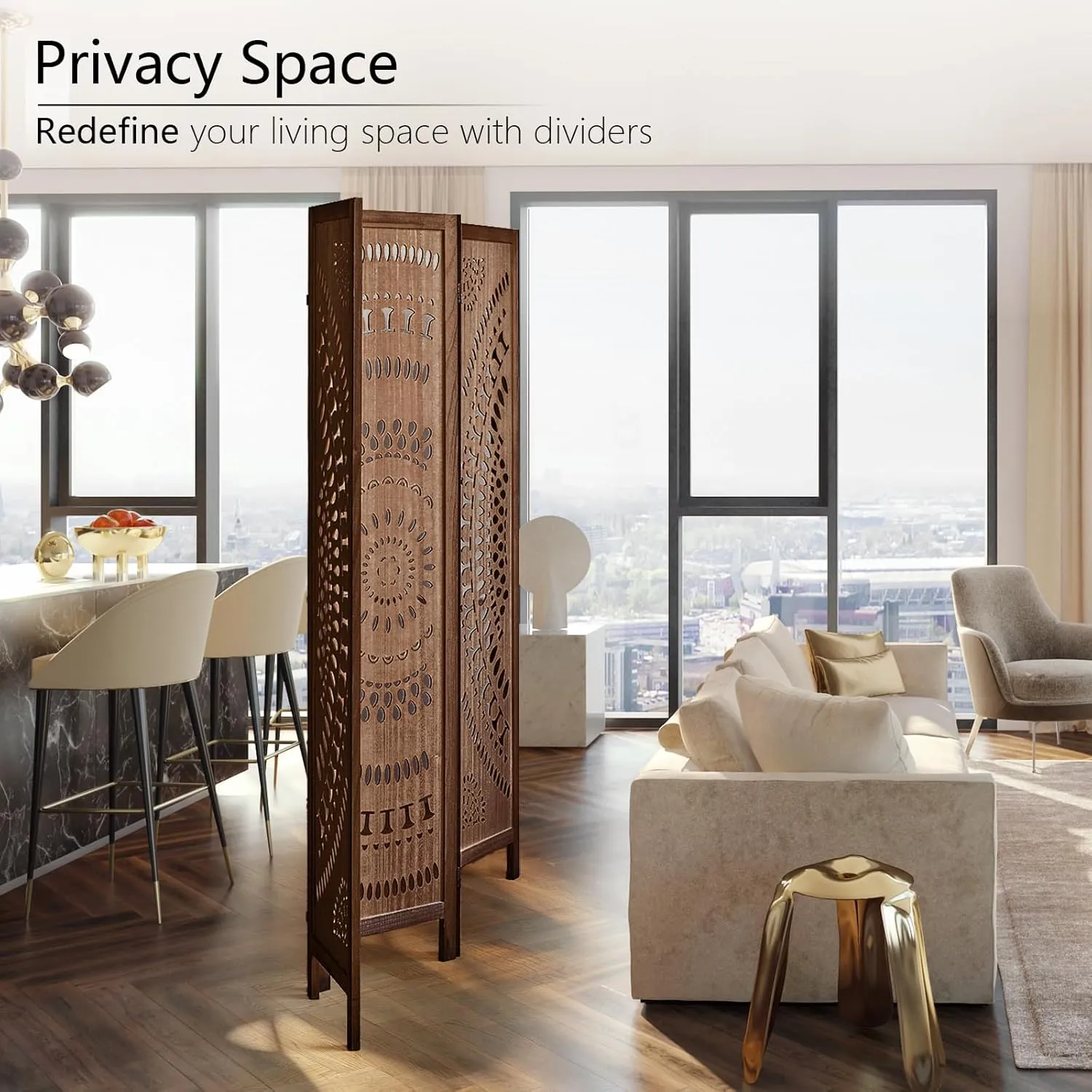 Carved Room Divider Wall, 5.6 FT Tall Room Divider Room, 3 Panel Wood Privacy Screen, Portable Freestanding Wall Divider Screen for Room Separation Home Bedroom Office Restaurant (Dark Brown)