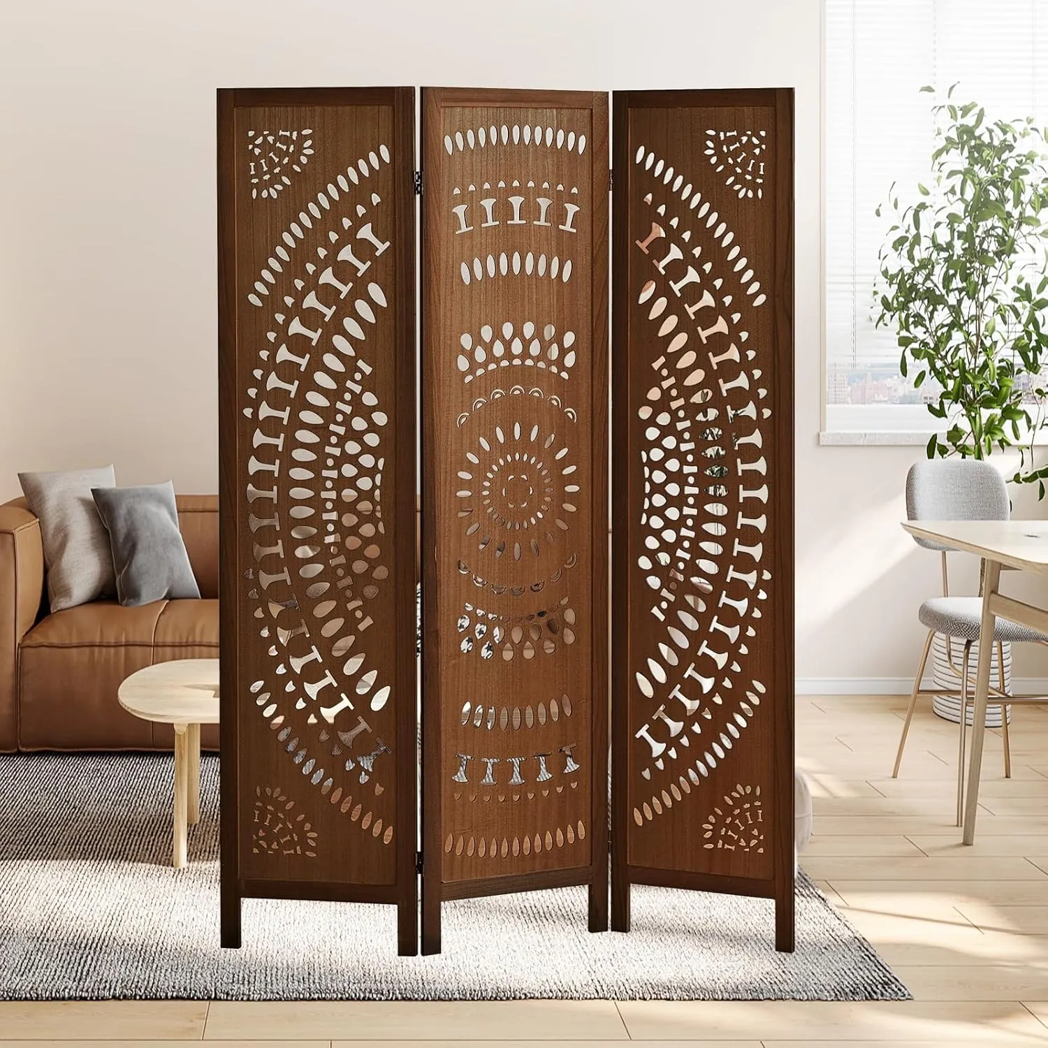 Carved Room Divider Wall, 5.6 FT Tall Room Divider Room, 3 Panel Wood Privacy Screen, Portable Freestanding Wall Divider Screen for Room Separation Home Bedroom Office Restaurant (Dark Brown)