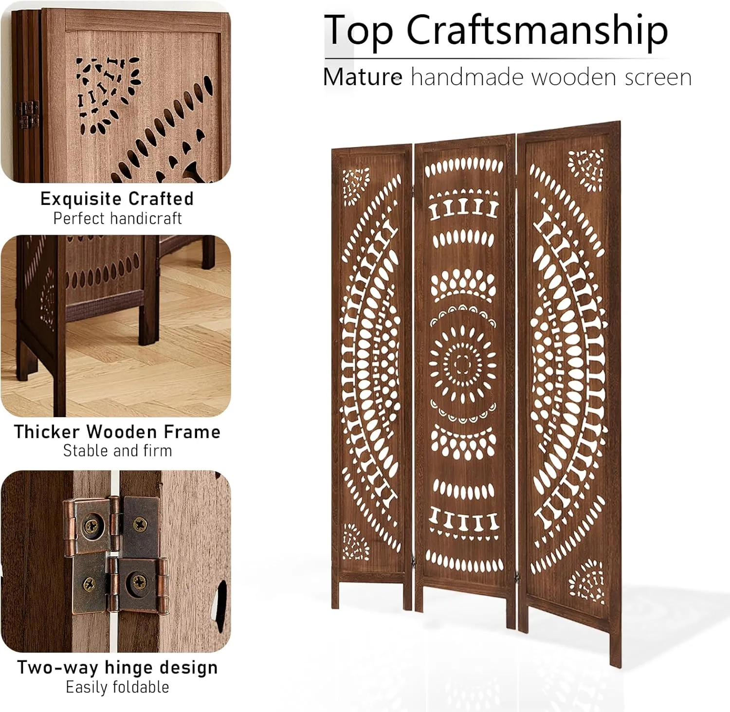 Carved Room Divider Wall, 5.6 FT Tall Room Divider Room, 3 Panel Wood Privacy Screen, Portable Freestanding Wall Divider Screen for Room Separation Home Bedroom Office Restaurant (Dark Brown)
