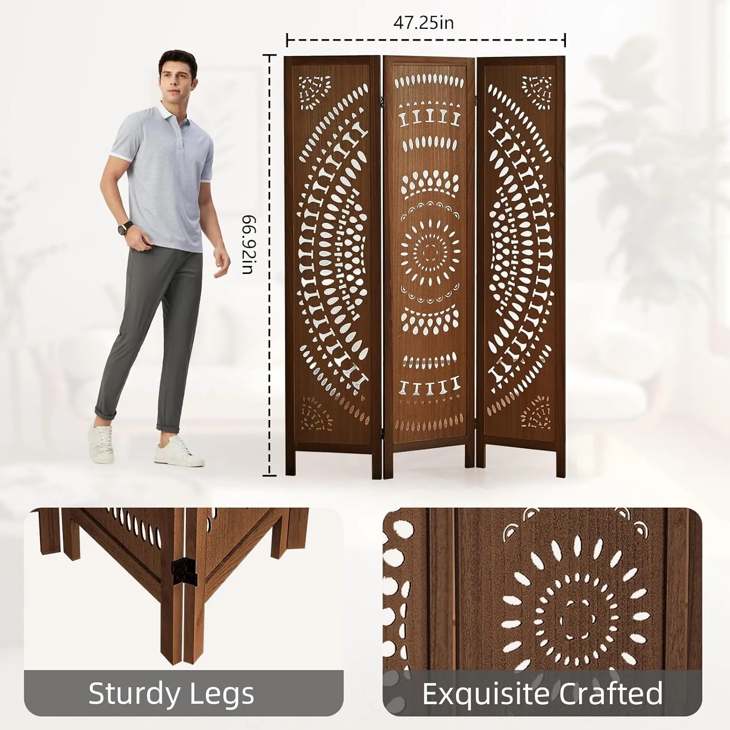 Carved Room Divider Wall, 5.6 FT Tall Room Divider Room, 3 Panel Wood Privacy Screen, Portable Freestanding Wall Divider Screen for Room Separation Home Bedroom Office Restaurant (Dark Brown)