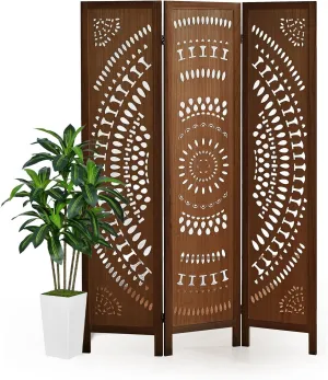 Carved Room Divider Wall, 5.6 FT Tall Room Divider Room, 3 Panel Wood Privacy Screen, Portable Freestanding Wall Divider Screen for Room Separation Home Bedroom Office Restaurant (Dark Brown)