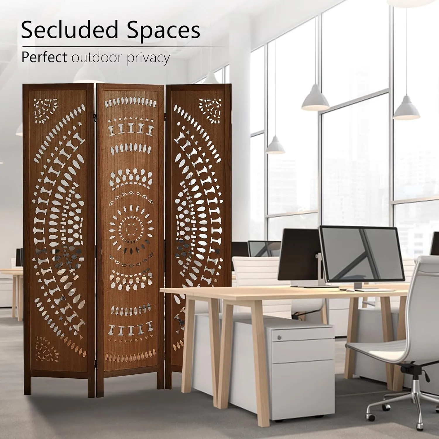 Carved Room Divider Wall, 5.6 FT Tall Room Divider Room, 3 Panel Wood Privacy Screen, Portable Freestanding Wall Divider Screen for Room Separation Home Bedroom Office Restaurant (Dark Brown)