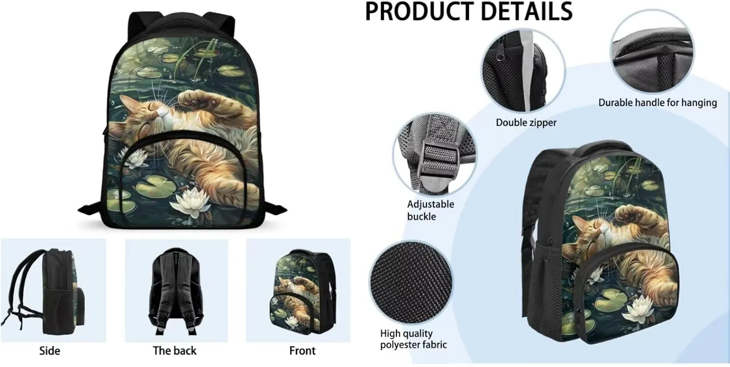 Cat Print Kids Backpack for Girls Multi-Pockets tote Bag for School for Children Grease Proofing Foldable Insulated Lunch Bag and Pencil Bag for Students