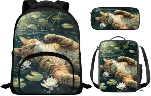Cat Print Kids Backpack for Girls Multi-Pockets tote Bag for School for Children Grease Proofing Foldable Insulated Lunch Bag and Pencil Bag for Students