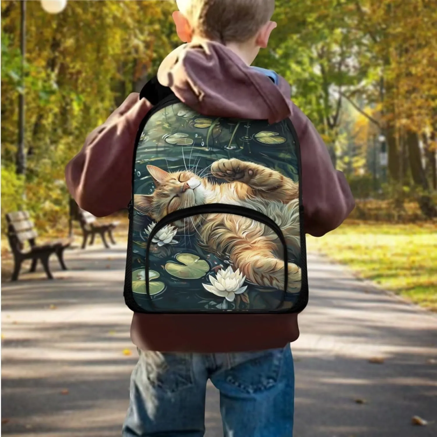 Cat Print Kids Backpack for Girls Multi-Pockets tote Bag for School for Children Grease Proofing Foldable Insulated Lunch Bag and Pencil Bag for Students