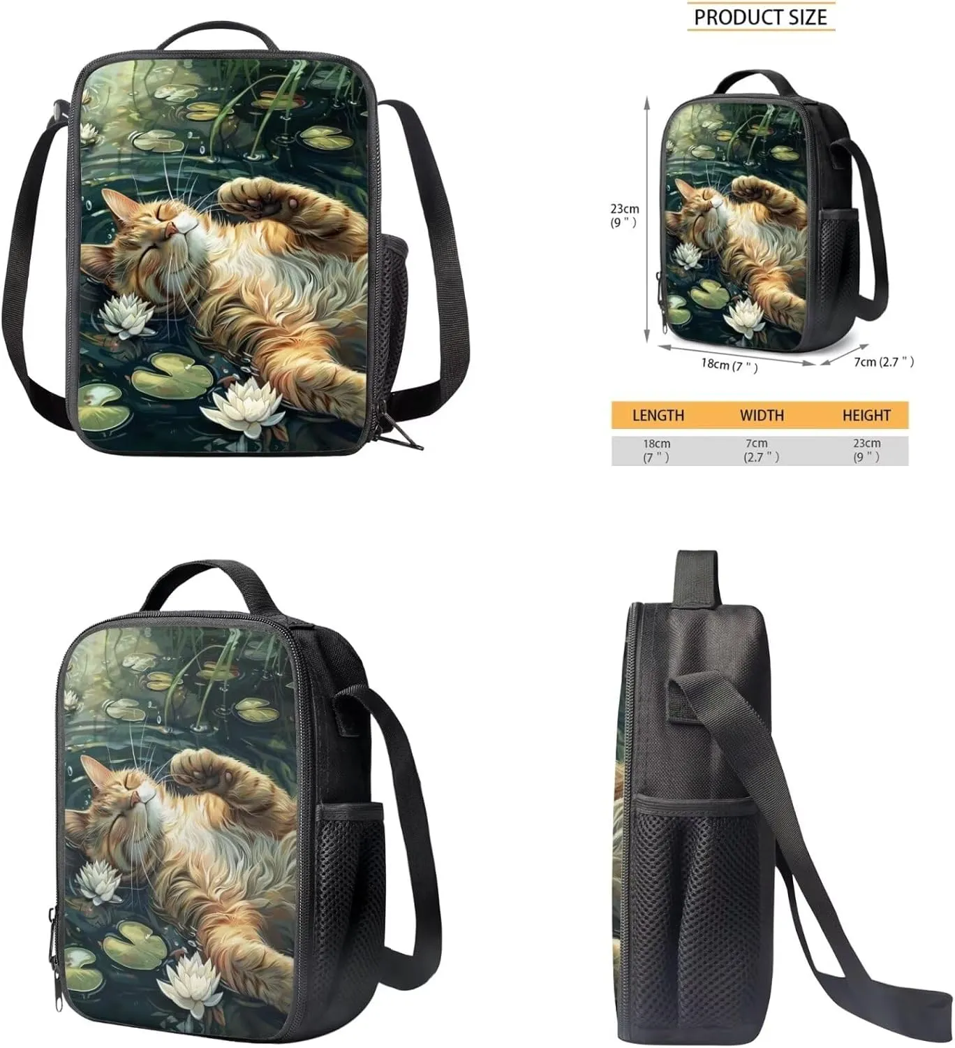 Cat Print Kids Backpack for Girls Multi-Pockets tote Bag for School for Children Grease Proofing Foldable Insulated Lunch Bag and Pencil Bag for Students