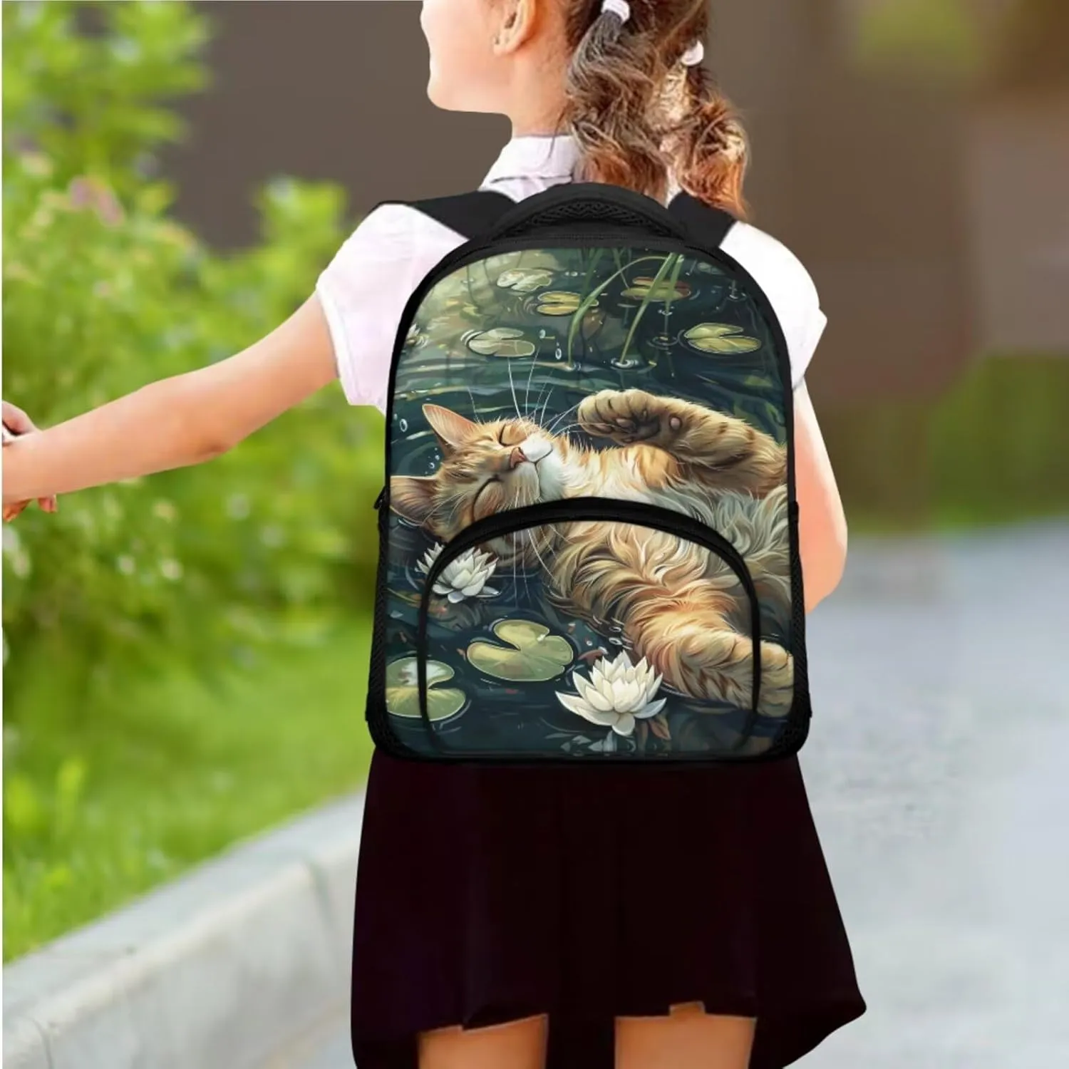 Cat Print Kids Backpack for Girls Multi-Pockets tote Bag for School for Children Grease Proofing Foldable Insulated Lunch Bag and Pencil Bag for Students