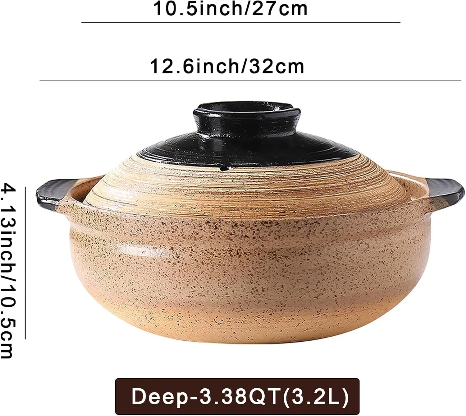 Ceramic Casserole Dish, Clay Pot, Earthen Pot Cookware with Lid for Dinner and Party, Stockpot for Rice Hot Pot, Stew, Soup, Steam, Bakeand Serve Oven Safe-Heat Resistant (deep-3.38QT(3.2L))