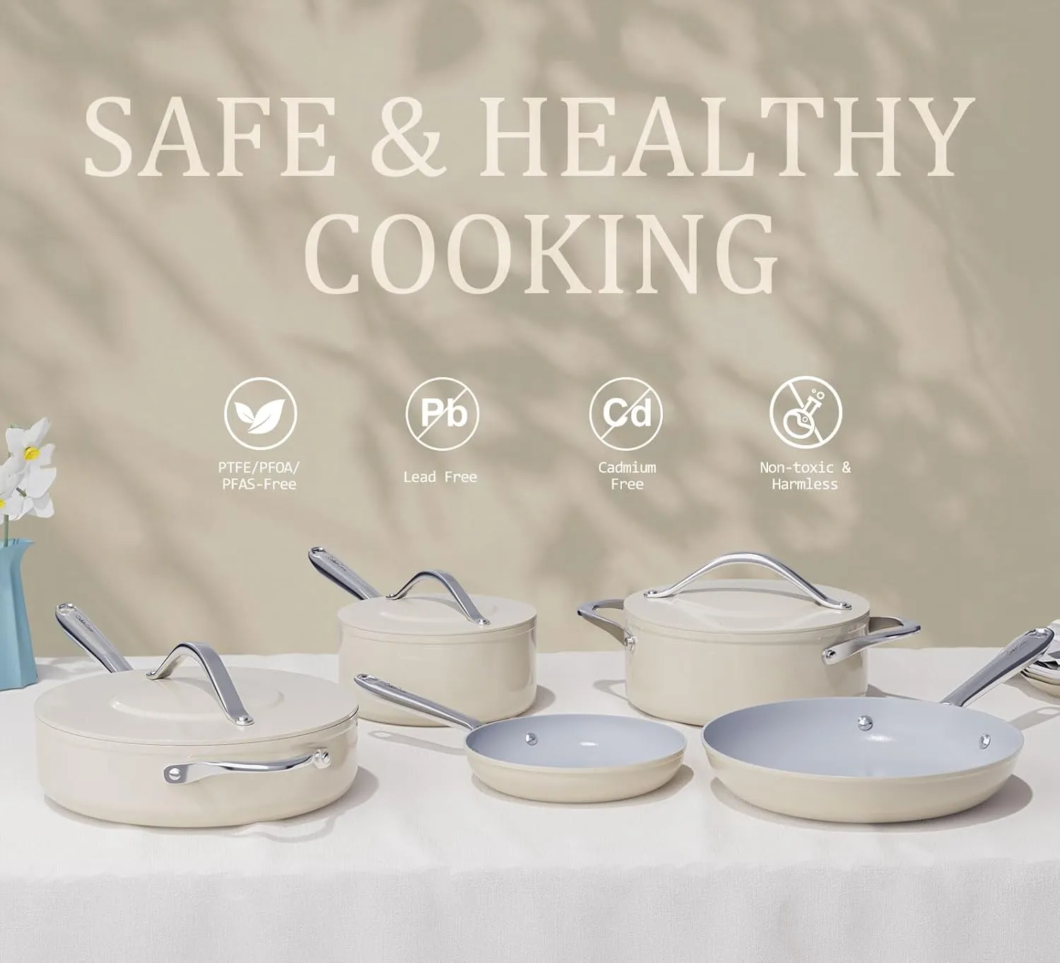 Ceramic Nonstick Pots and Pans Set Ceramic Cookware Set 8-Piece - Non-Toxic & PTFE/PFOA/PFAS Free, Induction Compatible, Oven & Dishwasher Safe to 500°F, Cream