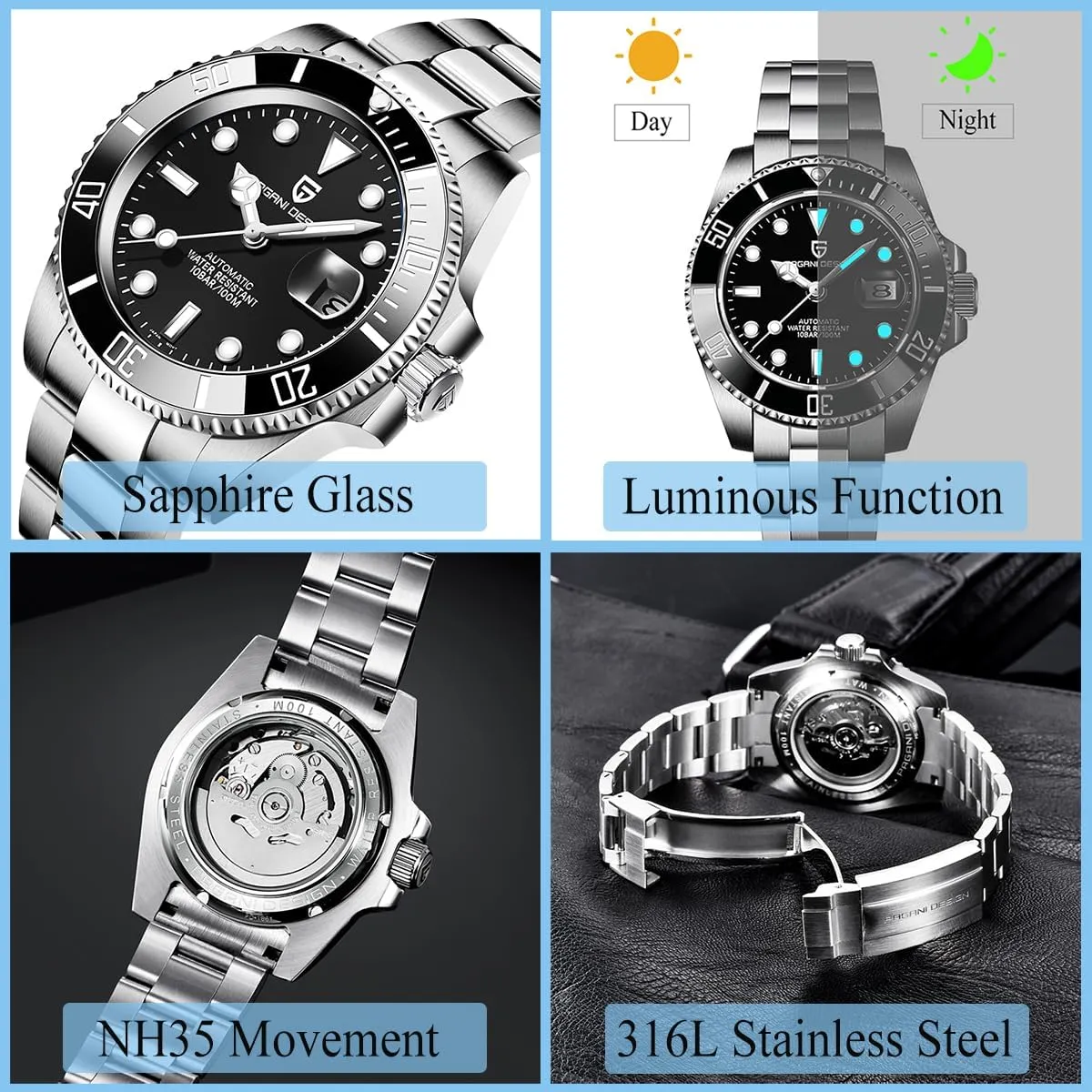 CEYADG Pagani Design Watches for Men Japan NH35 Movement Automatic Watch 40mm Stainless Steel Diver Waterproof Sapphire Crystal Sport Mens Watches
