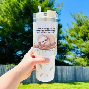 Christian Tumbler with Bible Verse & Sloth – 40 oz Insulated Water Bottle with Straw & Lid, Gifts for Women