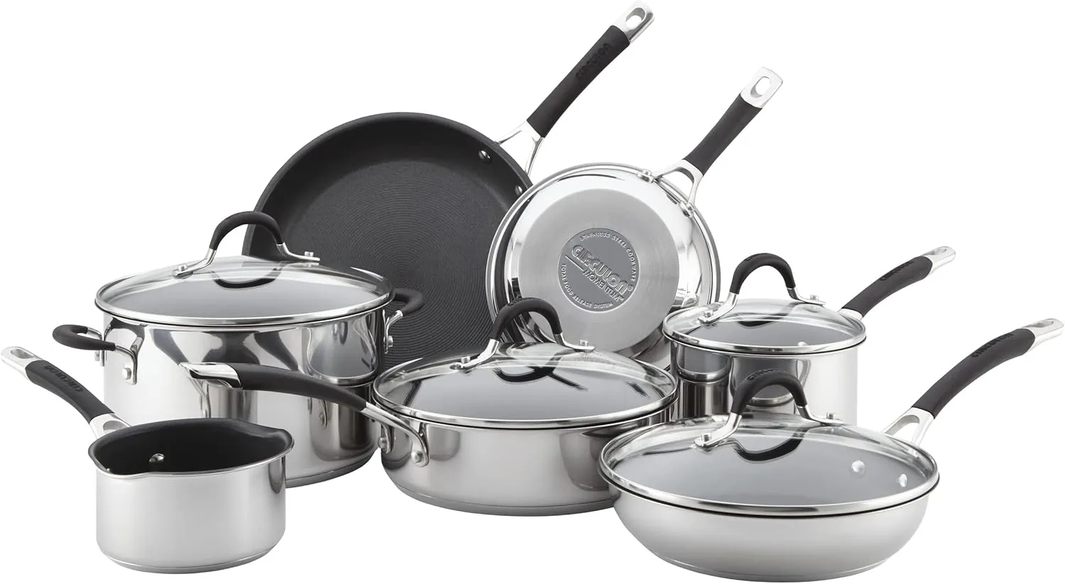 Circulon Momentum Stainless Steel Nonstick Cookware Set with Glass Lids, 11-Piece Pot and Pan Set, Stainless Steel
