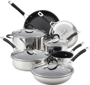 Circulon Momentum Stainless Steel Nonstick Cookware Set with Glass Lids, 11-Piece Pot and Pan Set, Stainless Steel