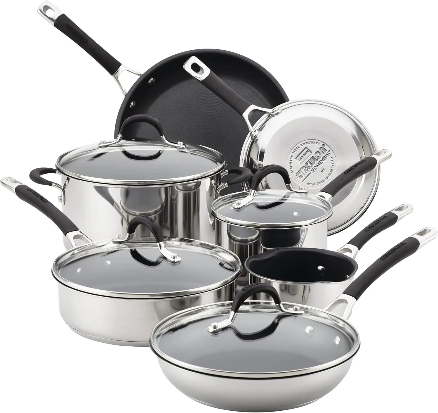 Circulon Momentum Stainless Steel Nonstick Cookware Set with Glass Lids, 11-Piece Pot and Pan Set, Stainless Steel