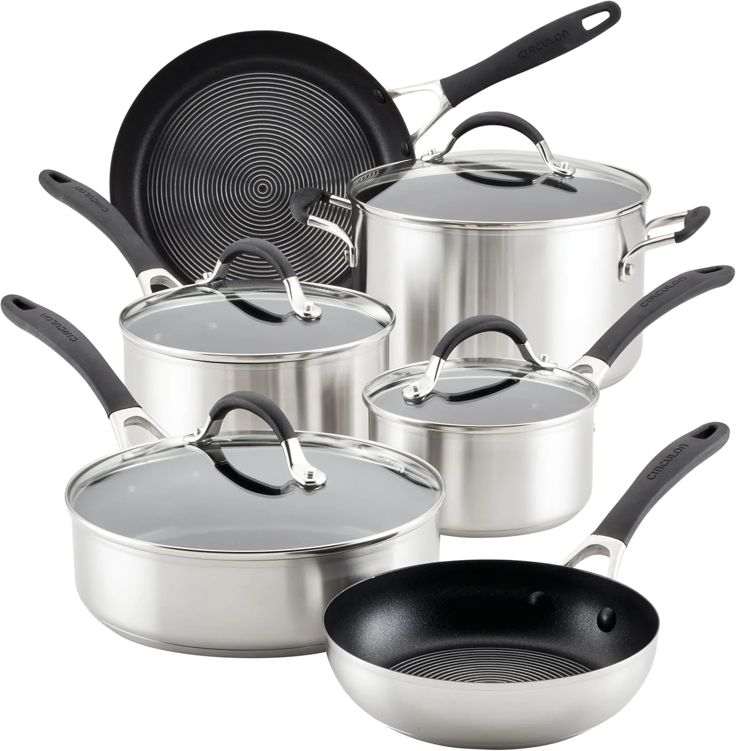 Circulon SteelShield Induction Pots and Pans with SteelShield Hybrid Stainless and Nonstick Technology, 10 Piece Cookware Set, Metal Utensil Safe - Stainless Steel