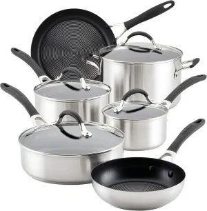 Circulon SteelShield Induction Pots and Pans with SteelShield Hybrid Stainless and Nonstick Technology, 10 Piece Cookware Set, Metal Utensil Safe - Stainless Steel