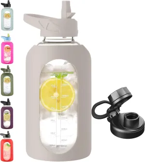 CIVAGO 64 oz Glass Water Bottle Jug with Straw and Handle, Half Gallon Sports Motivational Water Bottle with Time Marker, Wide Mouth Flask Canteen with Silicone Sleeve for Gym, Apricot