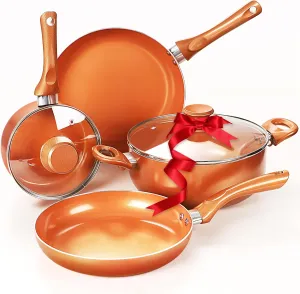 Clockitchen Nonstick Cookware Set - 6 Piece Pots and Pans in Copper Color, Induction Kitchen Cooking Set w/Frying Pans & Saucepans, Ceramic Coating
