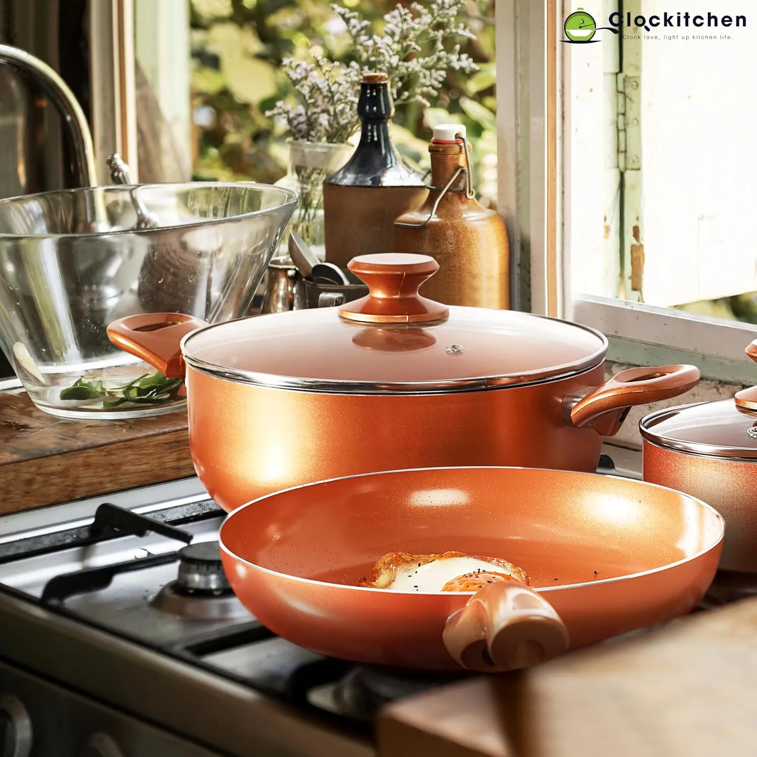 Clockitchen Nonstick Cookware Set - 6 Piece Pots and Pans in Copper Color, Induction Kitchen Cooking Set w/Frying Pans & Saucepans, Ceramic Coating