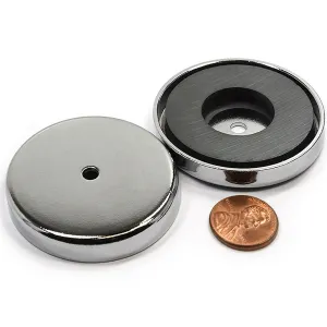 CMS MAGNETICS - 3-Pack RB80 C8 Ceramic Ferrite Round Base Magnet with Anti-Corrosion Chrome Plated Steel Cup and 100 LB Pull Force - Cup Diameter: 81.3mm, Center Hole: 7mm, Thickness: 10.7mm