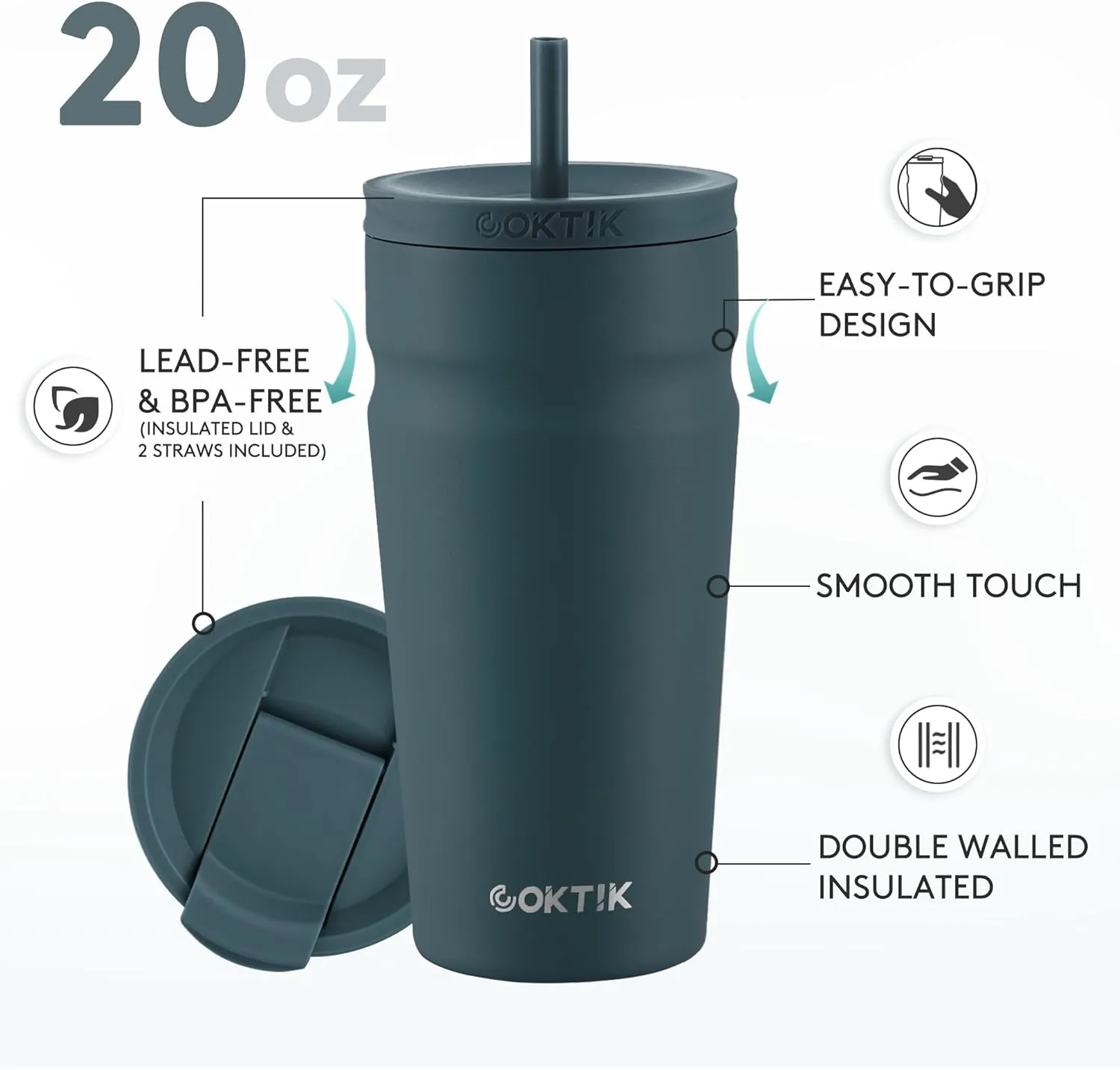 COKTIK 20oz Insulated Tumbler with Lid and Straw 2 Lids (Straw/Flip) Iced Coffee Cup Reusable Stainless Steel Travel Mug Water Bottle Cupholder Friendly for Women Men Her Him (Twilight Fog)