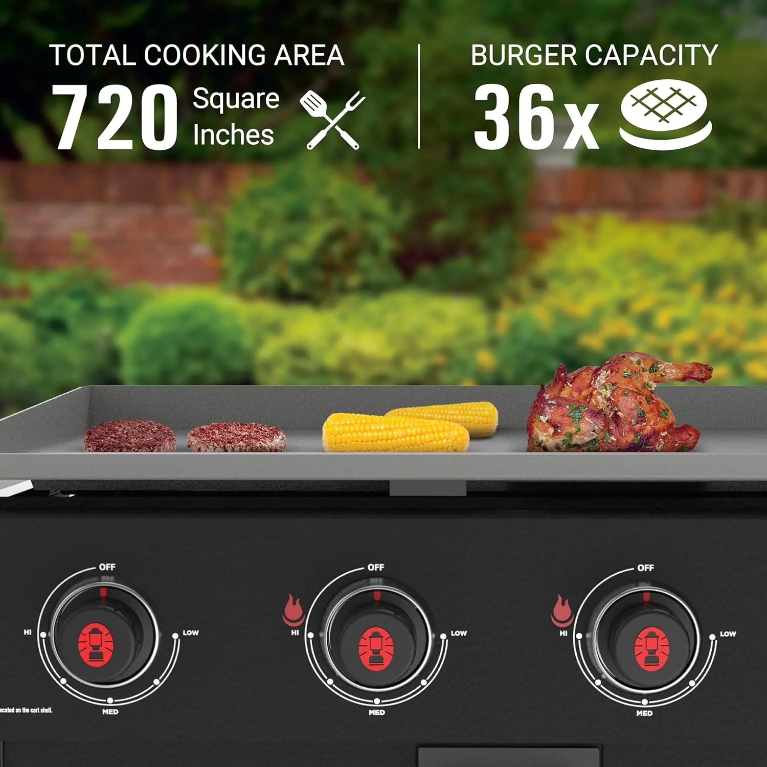 Coleman Cookout 4-Burner 60,000 BTU Propane Gas Grill Griddle Station with 720-Sq. In. Total Cooking Surface, Grease Tray, 2 Side Shelves, and 4-Wheel Cart, Propane Grill with Storage Shelves in Black
