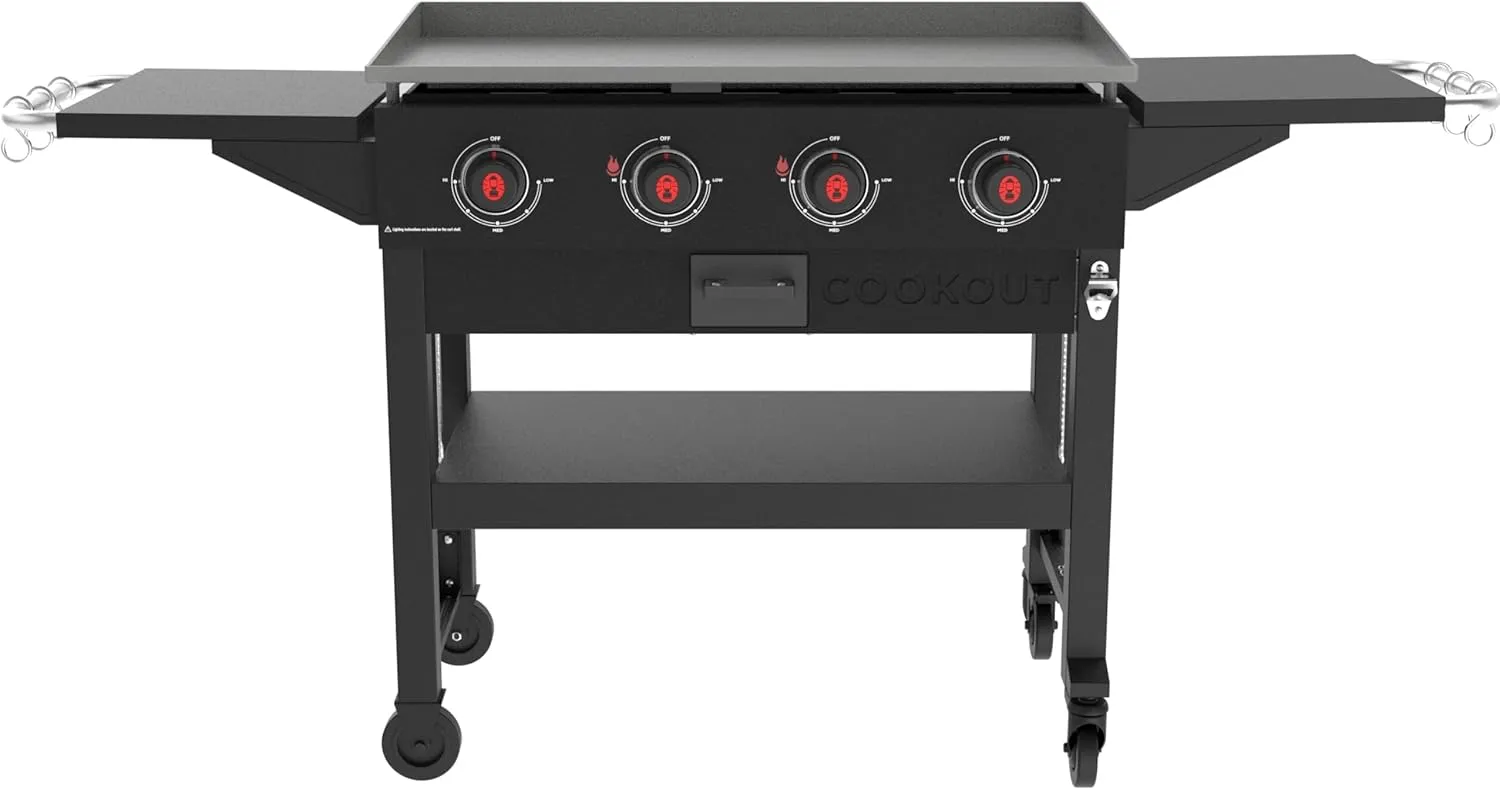 Coleman Cookout 4-Burner 60,000 BTU Propane Gas Grill Griddle Station with 720-Sq. In. Total Cooking Surface, Grease Tray, 2 Side Shelves, and 4-Wheel Cart, Propane Grill with Storage Shelves in Black