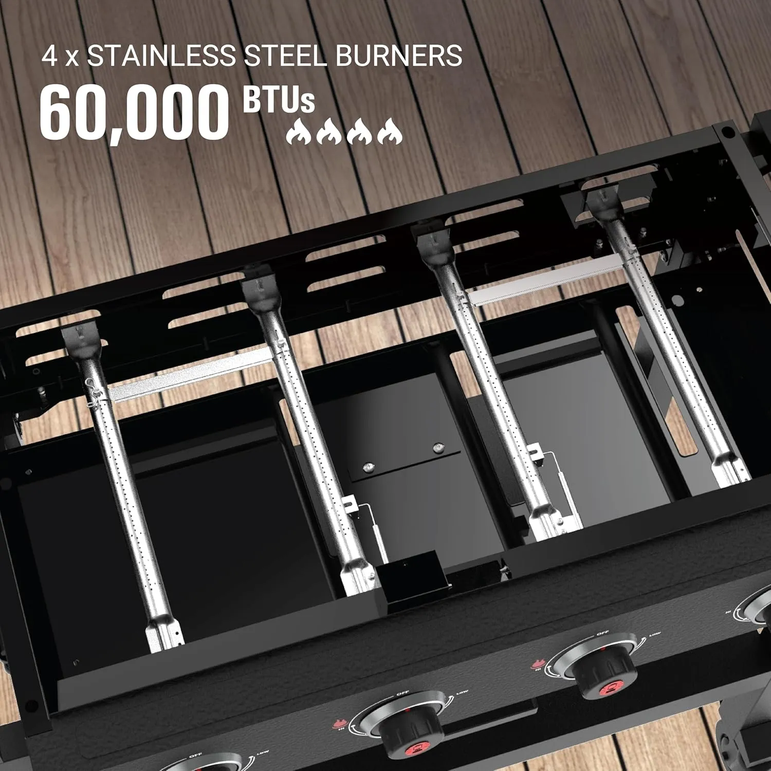 Coleman Cookout 4-Burner 60,000 BTU Propane Gas Grill Griddle Station with 720-Sq. In. Total Cooking Surface, Grease Tray, 2 Side Shelves, and 4-Wheel Cart, Propane Grill with Storage Shelves in Black