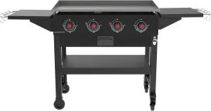Coleman Cookout 4-Burner 60,000 BTU Propane Gas Grill Griddle Station with 720-Sq. In. Total Cooking Surface, Grease Tray, 2 Side Shelves, and 4-Wheel Cart, Propane Grill with Storage Shelves in Black