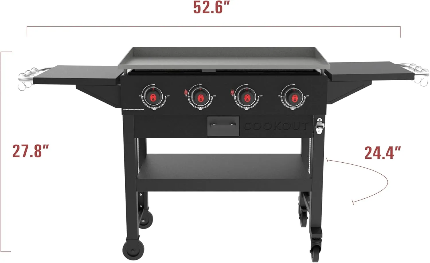 Coleman Cookout 4-Burner 60,000 BTU Propane Gas Grill Griddle Station with 720-Sq. In. Total Cooking Surface, Grease Tray, 2 Side Shelves, and 4-Wheel Cart, Propane Grill with Storage Shelves in Black