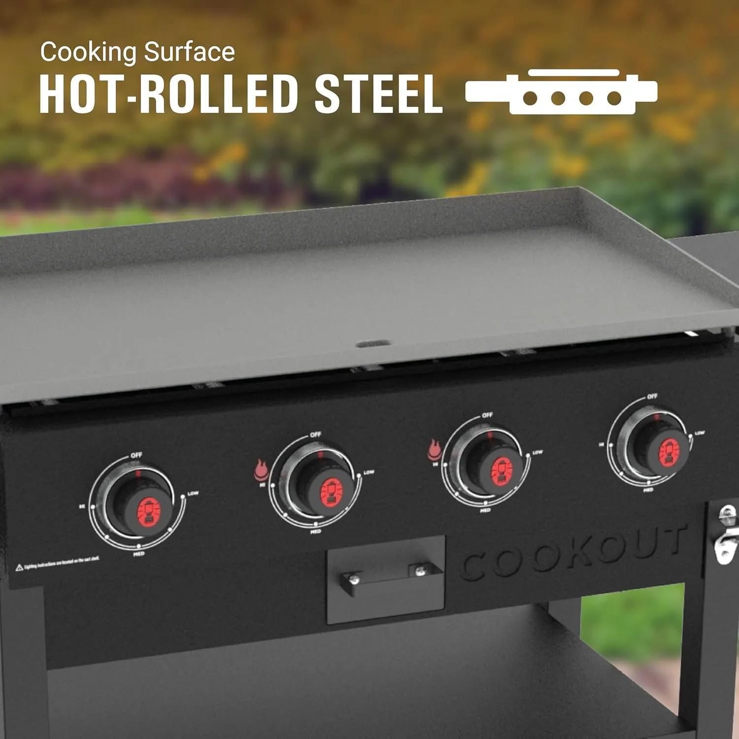 Coleman Cookout 4-Burner 60,000 BTU Propane Gas Grill Griddle Station with 720-Sq. In. Total Cooking Surface, Grease Tray, 2 Side Shelves, and 4-Wheel Cart, Propane Grill with Storage Shelves in Black