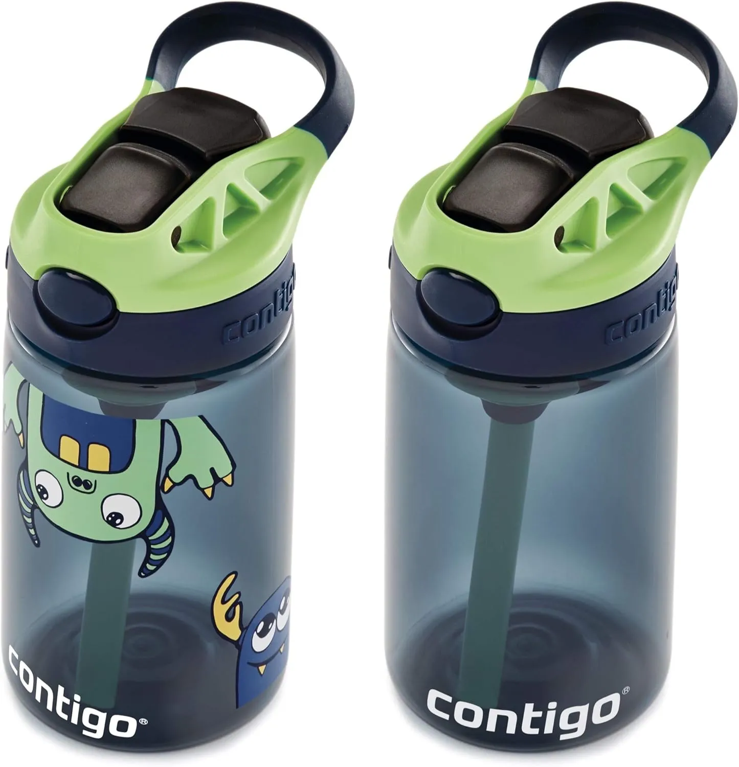 Contigo Aubrey Kids Water Bottle, Cleanable Silicone Straw, Spill-Proof Lid, Dishwasher Safe, 14oz 2-Pack, Blueberry & Monsters Theme