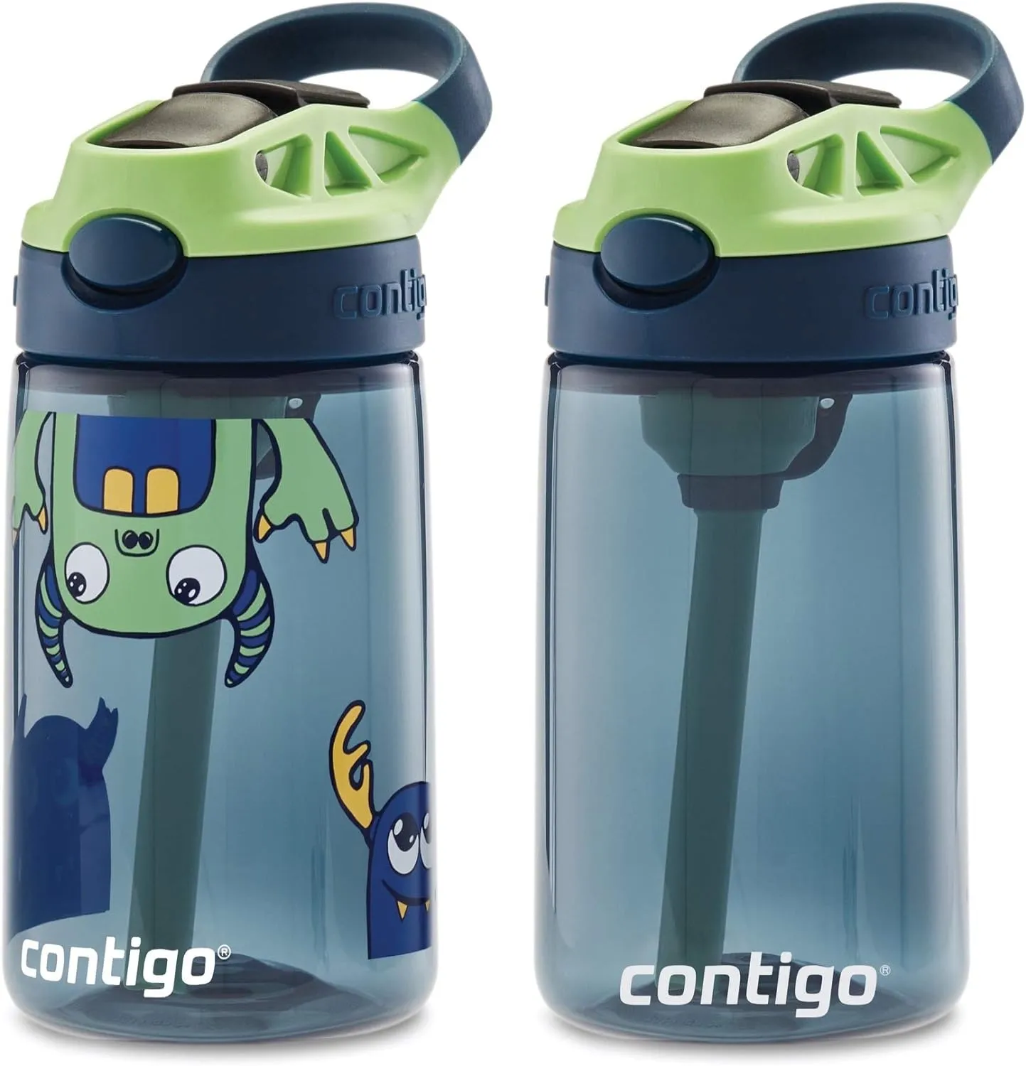 Contigo Aubrey Kids Water Bottle, Cleanable Silicone Straw, Spill-Proof Lid, Dishwasher Safe, 14oz 2-Pack, Blueberry & Monsters Theme