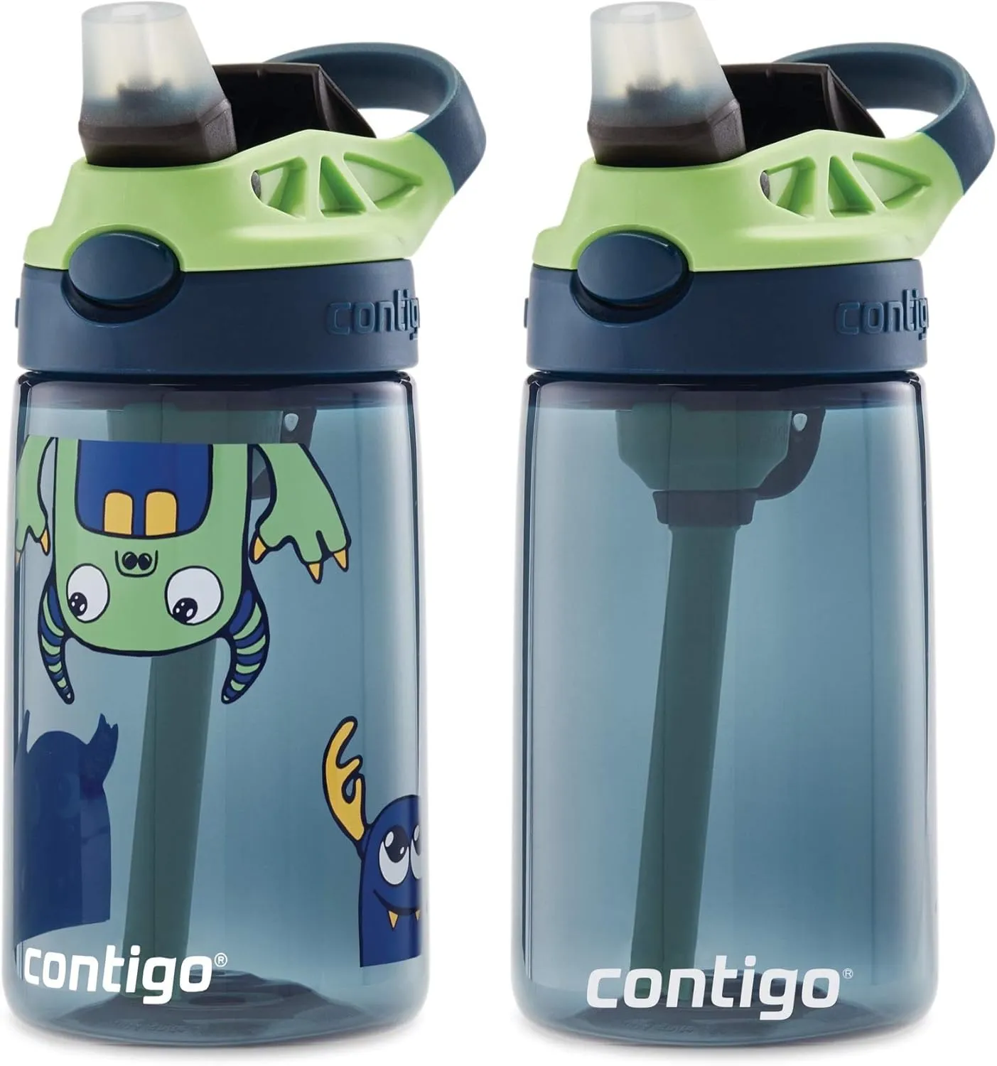 Contigo Aubrey Kids Water Bottle, Cleanable Silicone Straw, Spill-Proof Lid, Dishwasher Safe, 14oz 2-Pack, Blueberry & Monsters Theme