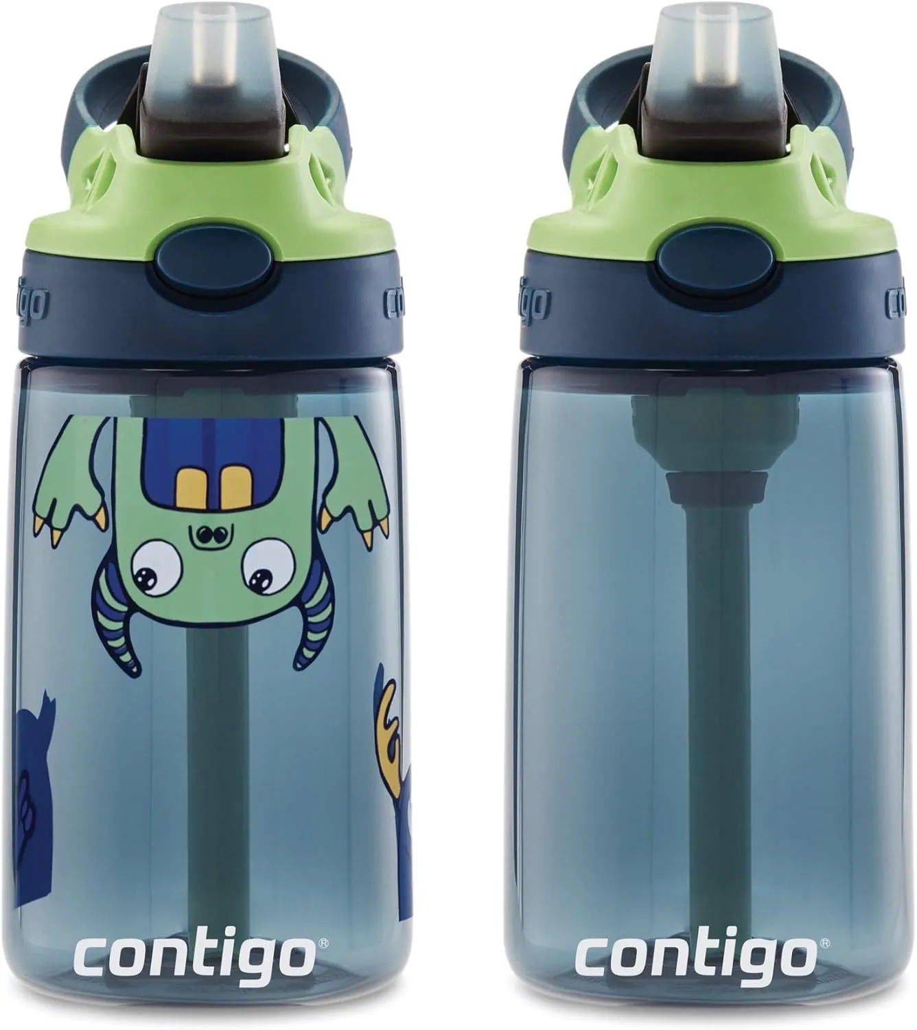 Contigo Aubrey Kids Water Bottle, Cleanable Silicone Straw, Spill-Proof Lid, Dishwasher Safe, 14oz 2-Pack, Blueberry & Monsters Theme