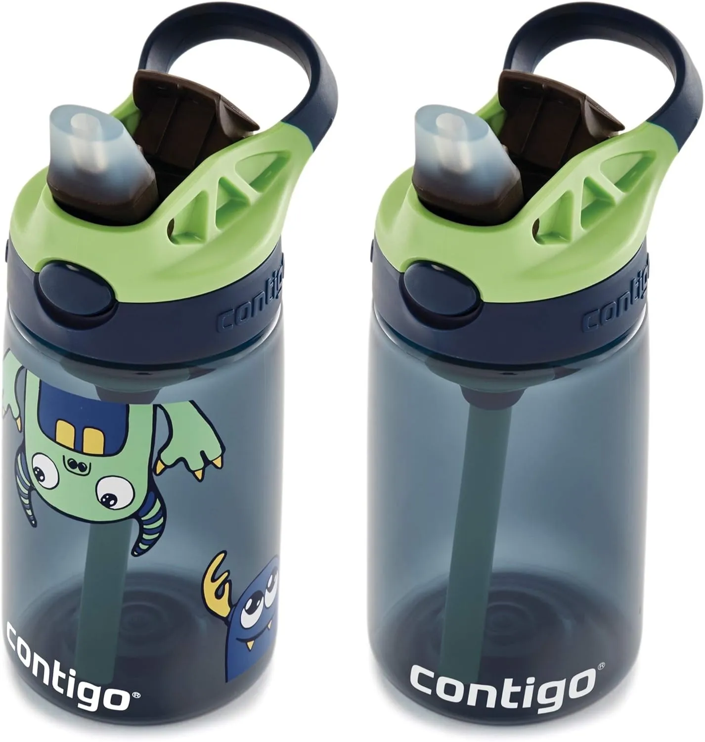 Contigo Aubrey Kids Water Bottle, Cleanable Silicone Straw, Spill-Proof Lid, Dishwasher Safe, 14oz 2-Pack, Blueberry & Monsters Theme