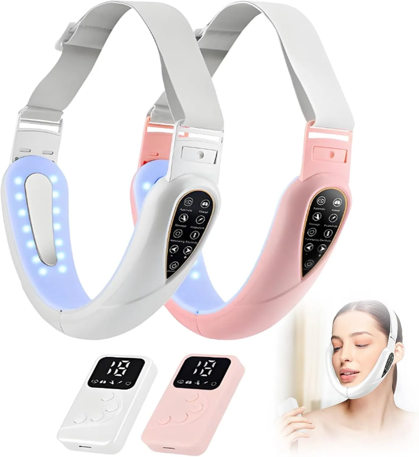 Contourflex 4-in-1 Massager, Reviona Contourflex 4-in-1 Massager, with 5 Modes, 15 Adjustable Intensities &180° Foldable, Tightens Jawline, Reduces Sagging Skin(Pink White)