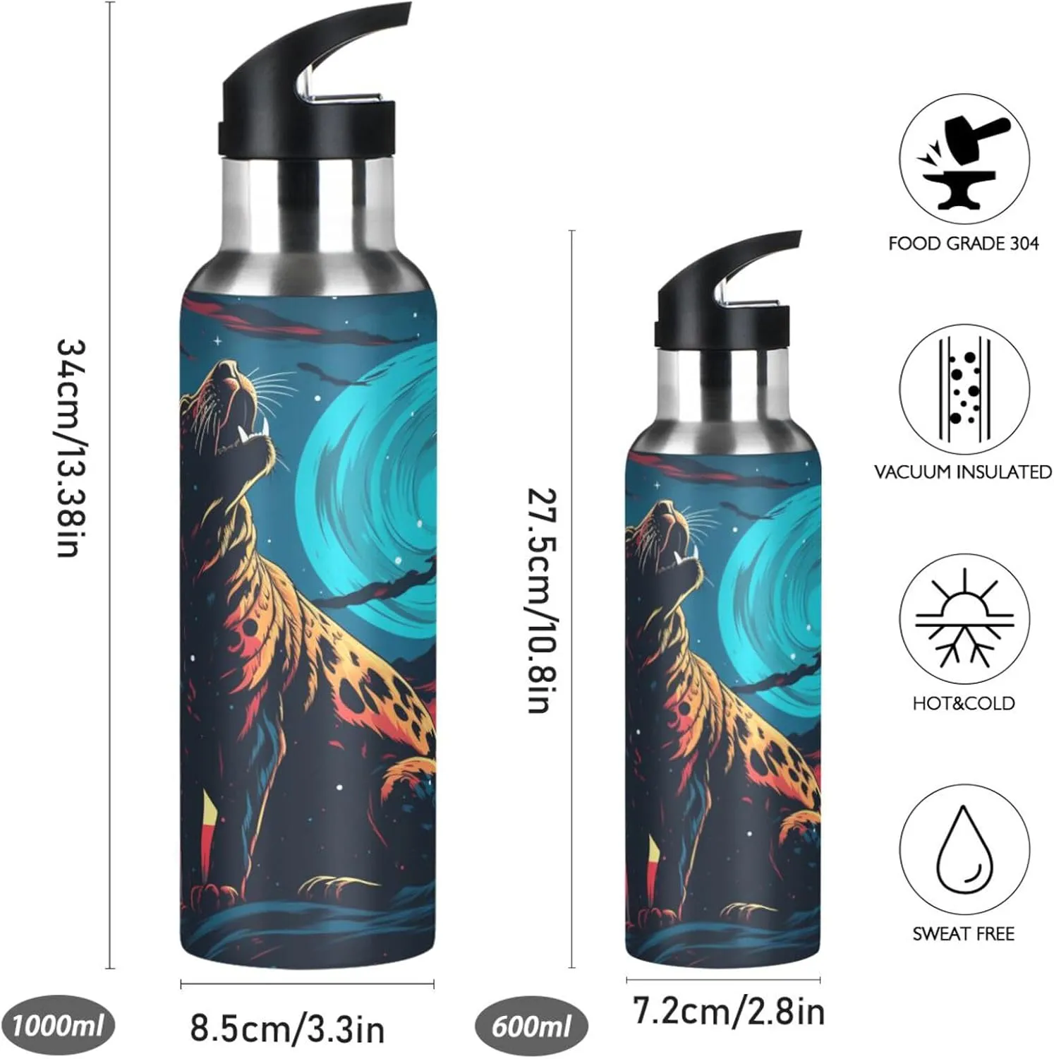 Cool Cheetah Howling Sport Water Bottle Insulated Stainless Steel Large Vacuum Flask Leak Proof Thermos with Straw for Travel(600ml/1000ml)