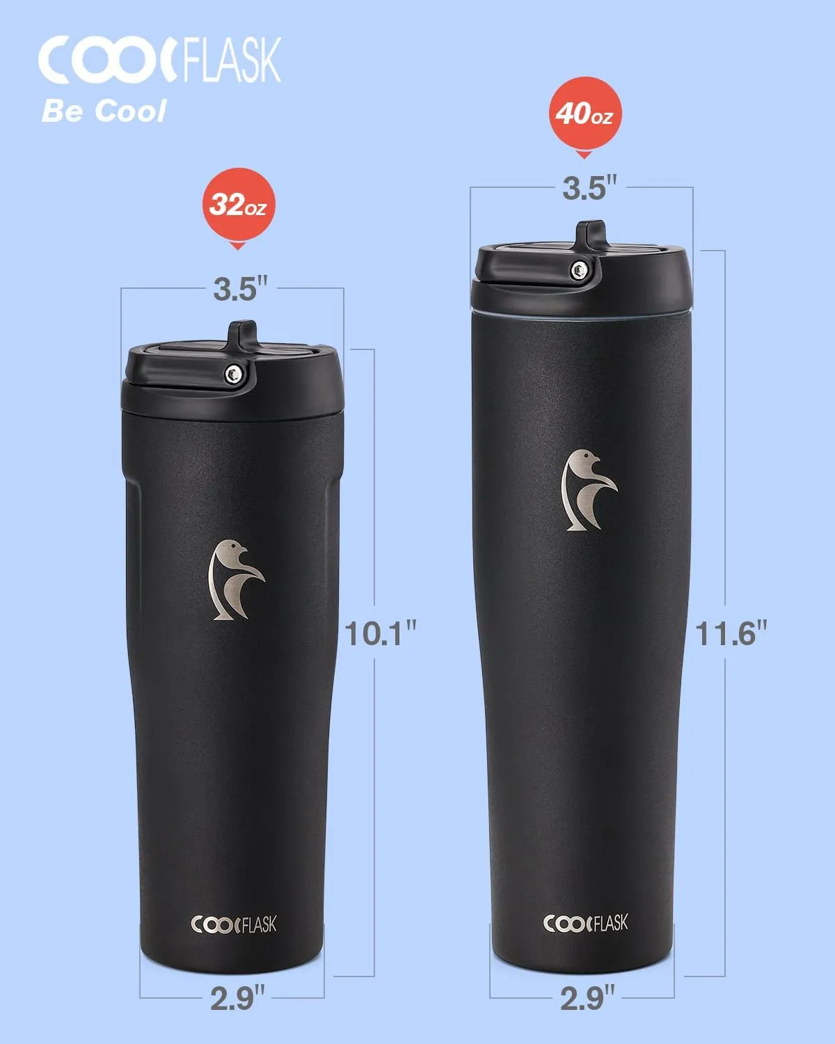 Coolflask Slima - 40oz Insulated Water Bottle | Stainless Steel Tumbler with Straw & Handle | Fits Car Cup Holder | Leakproof Jug for Sports, Travel, Office | Dishwasher Safe, Black