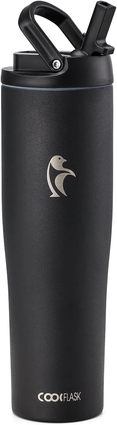 Coolflask Slima - 40oz Insulated Water Bottle | Stainless Steel Tumbler with Straw & Handle | Fits Car Cup Holder | Leakproof Jug for Sports, Travel, Office | Dishwasher Safe, Black