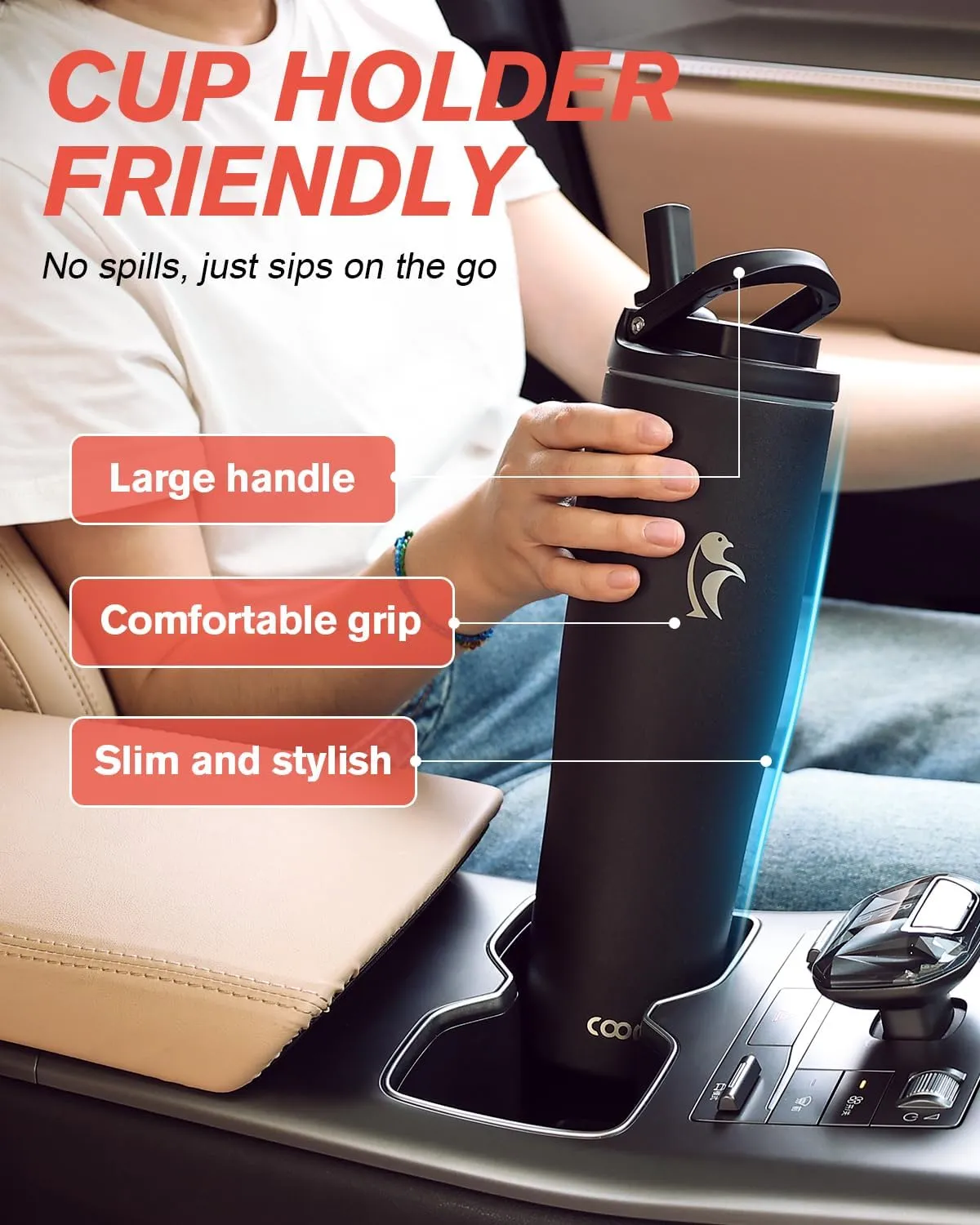 Coolflask Slima - 40oz Insulated Water Bottle | Stainless Steel Tumbler with Straw & Handle | Fits Car Cup Holder | Leakproof Jug for Sports, Travel, Office | Dishwasher Safe, Black