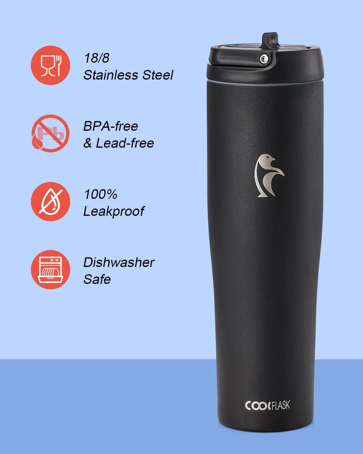 Coolflask Slima - 40oz Insulated Water Bottle | Stainless Steel Tumbler with Straw & Handle | Fits Car Cup Holder | Leakproof Jug for Sports, Travel, Office | Dishwasher Safe, Black