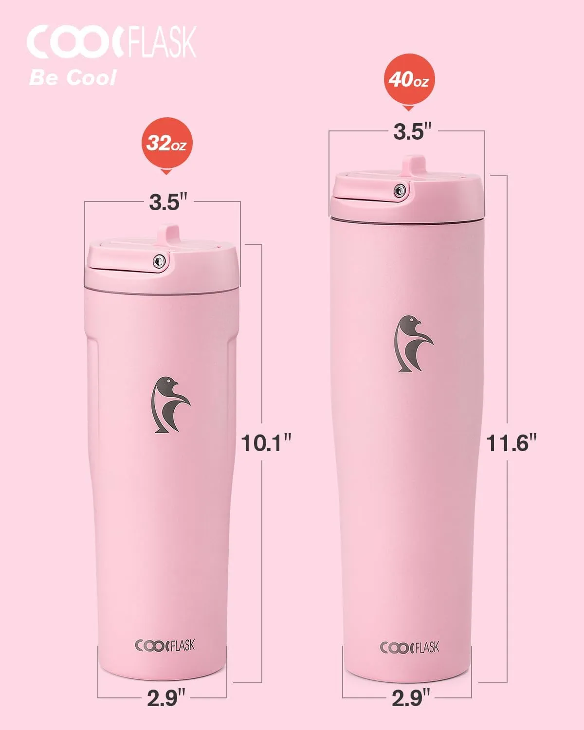 Coolflask Slima - 40oz Insulated Water Bottle | Stainless Steel Tumblers with Straw & Handle | Fits Car Cup Holder | Leakproof Jug for Sports, Gym, Travel, Outdoors | Dishwasher Safe, Pink