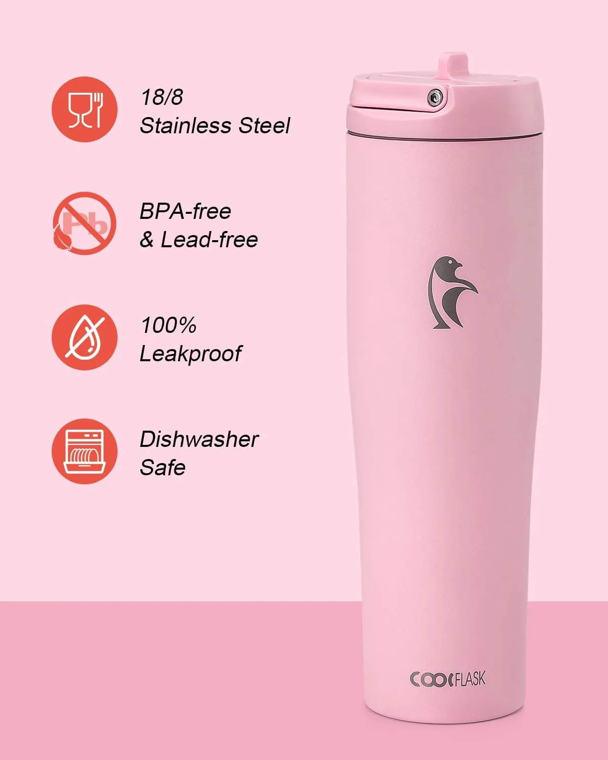Coolflask Slima - 40oz Insulated Water Bottle | Stainless Steel Tumblers with Straw & Handle | Fits Car Cup Holder | Leakproof Jug for Sports, Gym, Travel, Outdoors | Dishwasher Safe, Pink